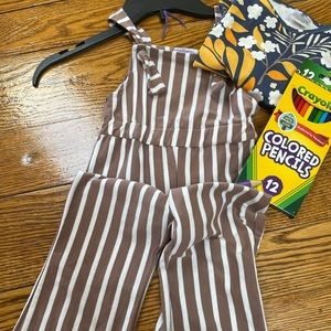 Girls striped toddler’s overalls with floral top.  Size XS (2T). No brand.